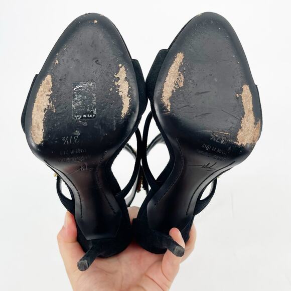 Giuseppe Zanotti Black Suede Coline Crystal And Leaf  Giuseppe Zanotti Coline Black Suede Gold Leaf Crystal Heel Sandals size IT 37.5